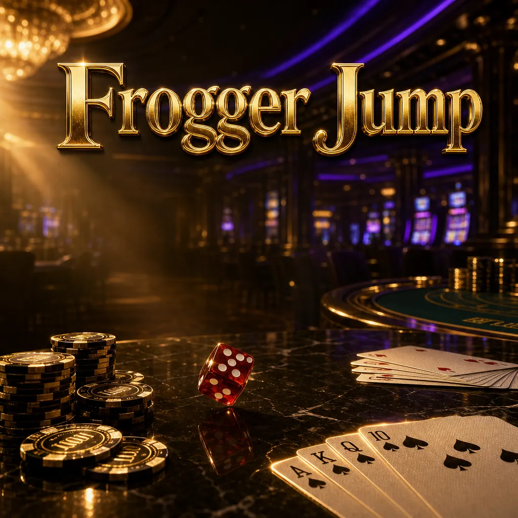 Frogger Jump luxury casino hero banner with gold chips, playing cards, dice on dark marble under cinematic golden and blue li